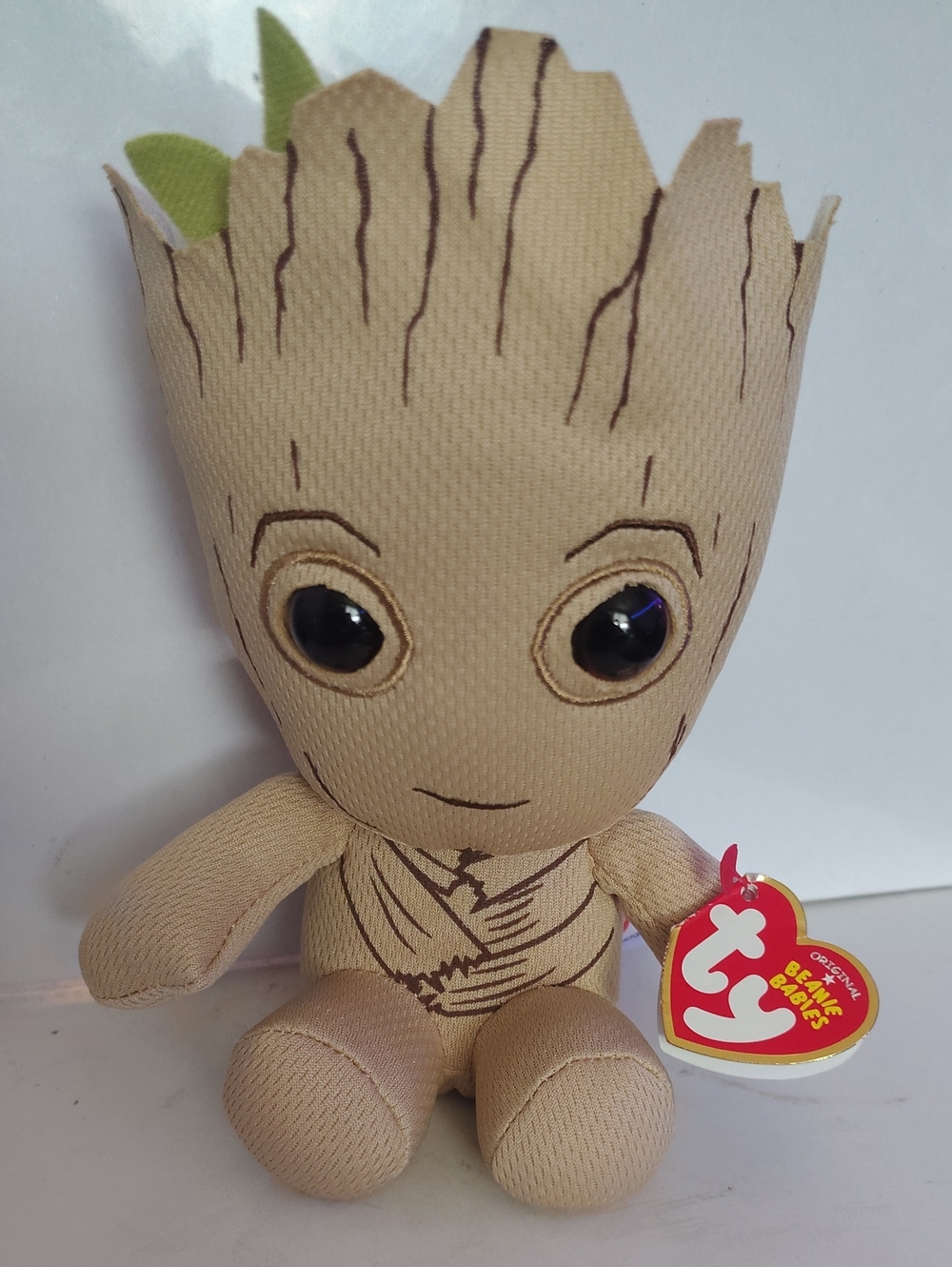 Ty Baby Groot Plush - Tan with Black Eyes and Green Leaves